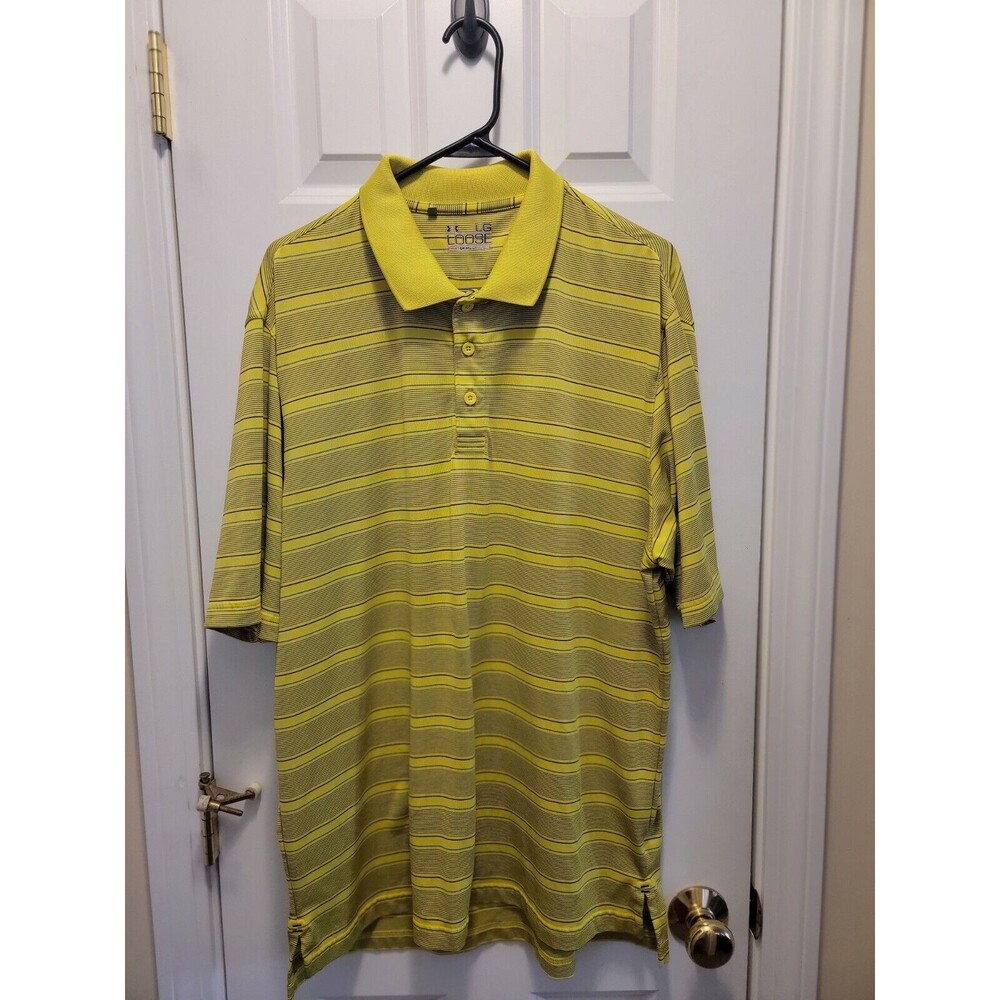 Men's Under Armour Yellow Stripped HeatGear Golf polo Loose fit Size Large